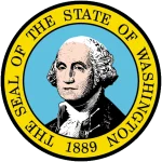 The official seal of the State of Washington, featuring a portrait of George Washington in the center, surrounded by a yellow ring with the inscription "THE SEAL OF THE STATE OF WASHINGTON 1889."