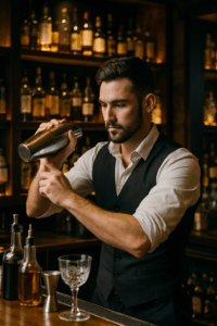 a bartender working on preparing a cocktail