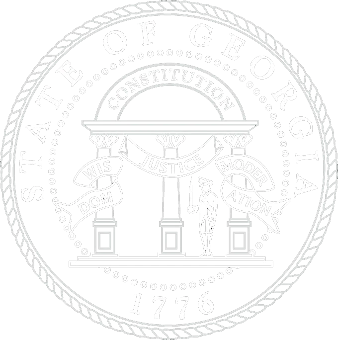 The official seal of the State of Georgia featuring three pillars representing the legislative, judicial, and executive branches under an arch labeled "Constitution," with banners reading "Wisdom," "Justice," and "Moderation" and the year 1776 at the bottom.