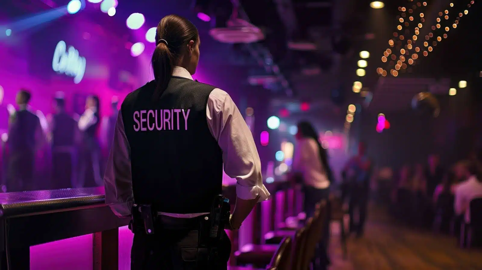 A security personnel monitoring a crowded, dimly lit venue with purple and pink lighting.