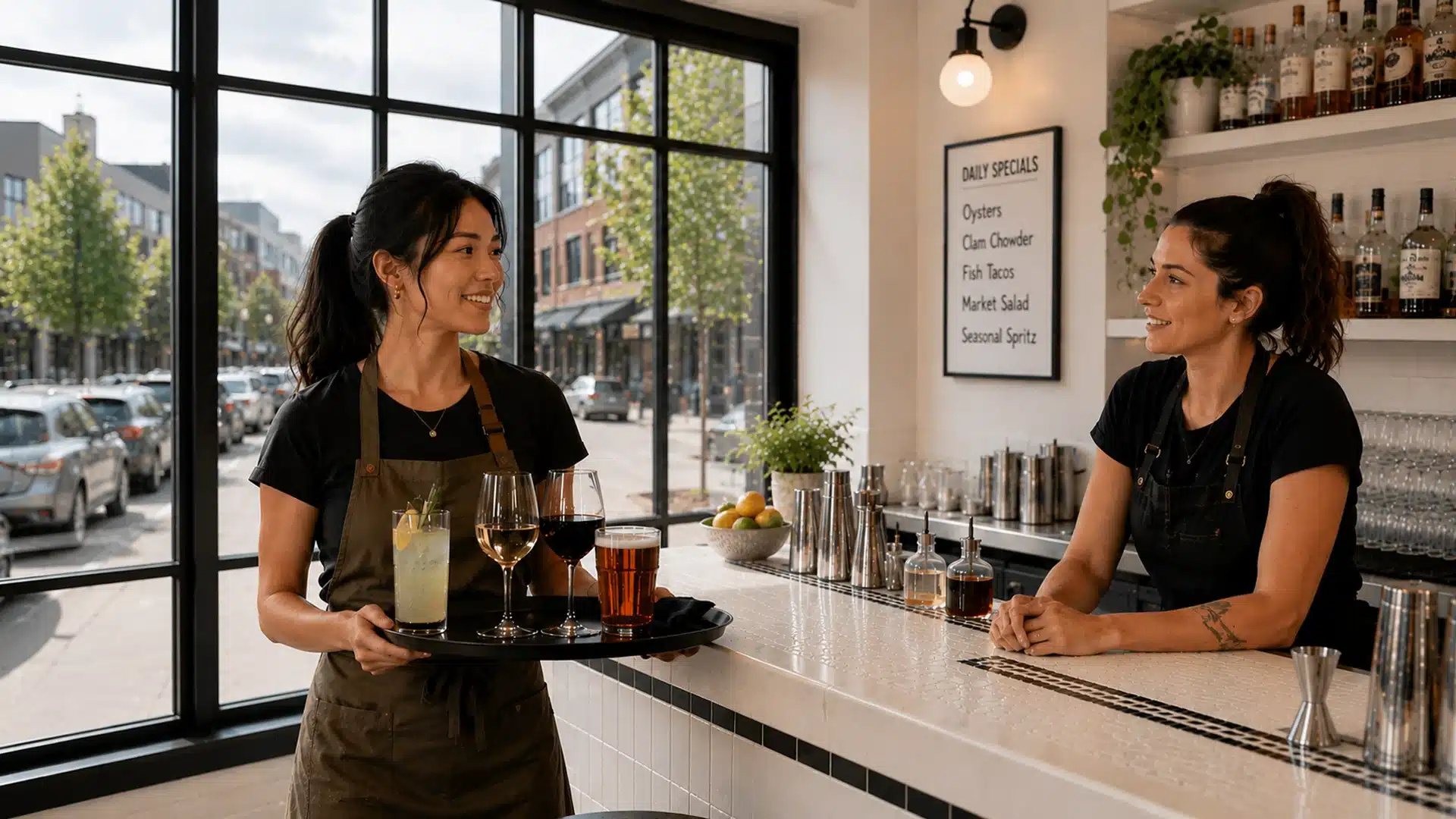 Class 13 MAST permit server checking in briefly with a Class 12 bartender at a Washington restaurant, illustrating the supervision requirement for younger alcohol servers