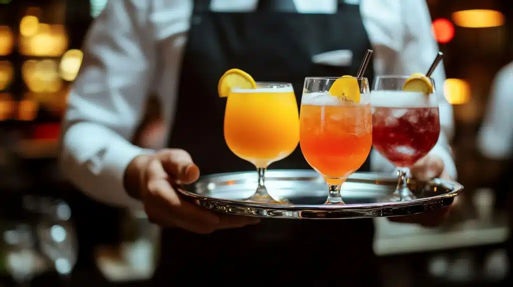 A server with a silver tray with three colorful cocktails garnished with lemon slices.