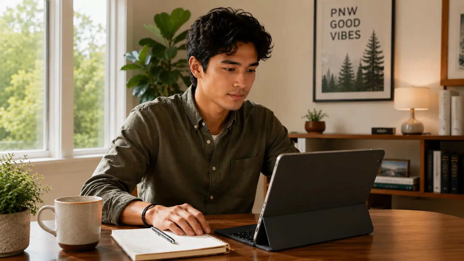Young Washington hospitality worker studying for the MAST permit exam on a tablet at home, preparing for the practice questions