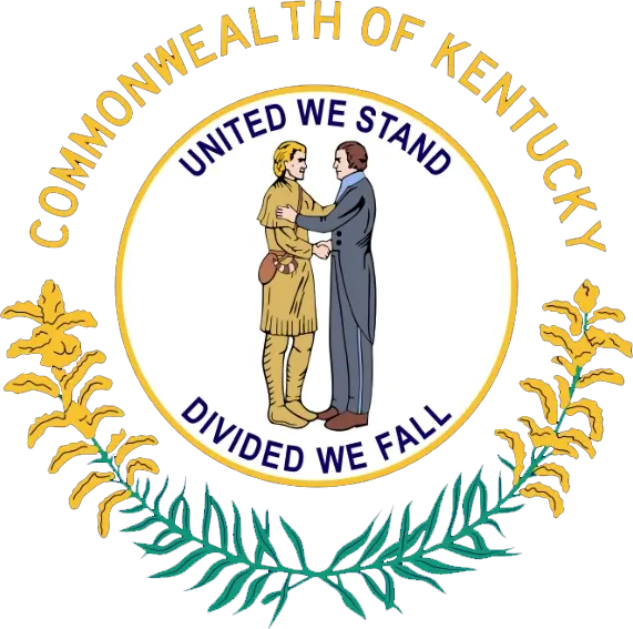 Official seal used to represent the Kentucky Bartending License, featuring two figures shaking hands with the motto "United We Stand, Divided We Fall" beneath the words "Commonwealth of Kentucky."