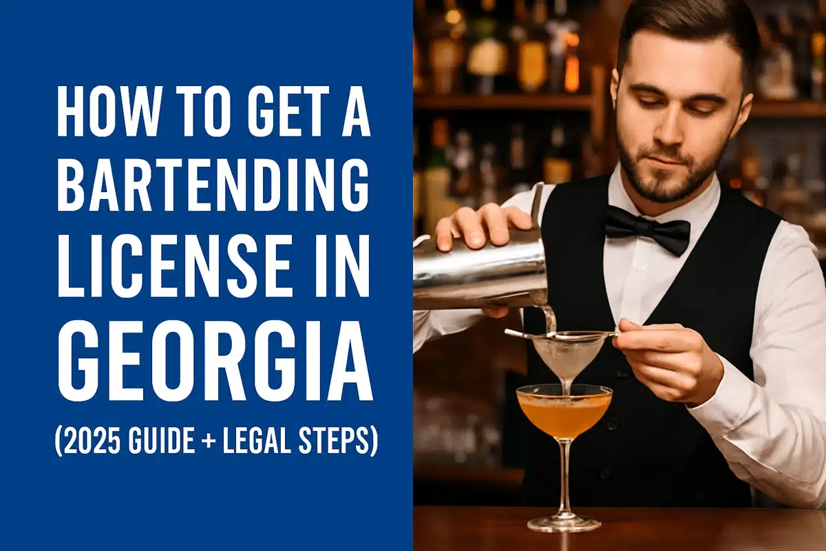 Bartender preparing a cocktail in a Georgia bar with overlay text reading “How to Get a Bartending License in Georgia”