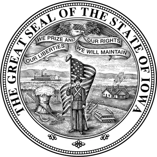 The Great Seal of the State of Iowa featuring a soldier holding a flag, a bald eagle with a ribbon, and agricultural symbols, used in context of the Iowa Bartending License.