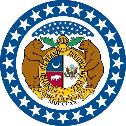 Missouri state seal for Missouri Bartending License featuring two brown bears flanking a shield with U.S. and Missouri emblems, surrounded by stars.
