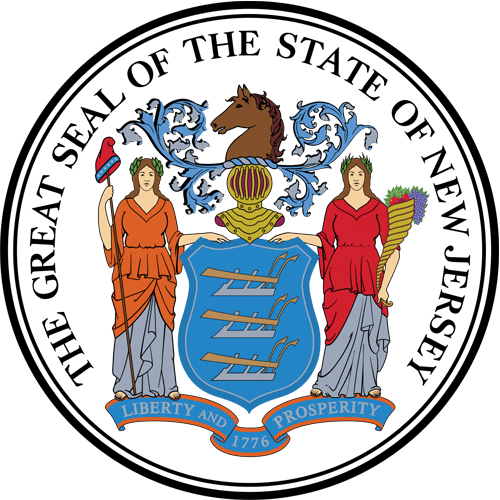 Seal of New Jersey for New Jersey Bartending License with a blue shield featuring three plows, flanked by Liberty and Ceres, with a horse head crest above and the motto “Liberty and Prosperity 1776” below.