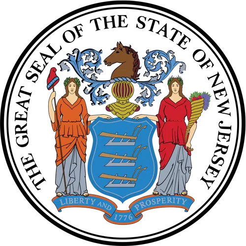 Seal of New Jersey for New Jersey Bartending License with a blue shield featuring three plows, flanked by Liberty and Ceres, with a horse head crest above and the motto “Liberty and Prosperity 1776” below.