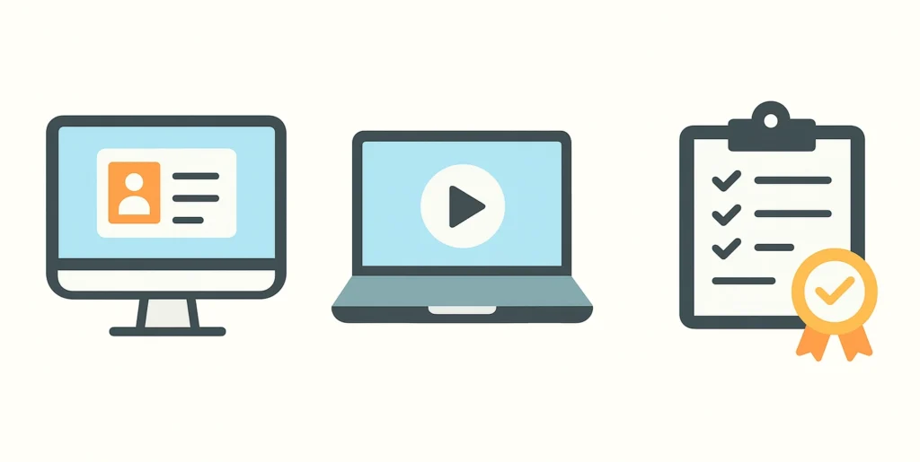 Flat design icons showing the 3 steps every business must take for RBS compliance — register staff, complete training, and pass the exam.