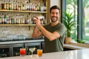 Casual bartender shaking a cocktail in a bright Atlantic City–style bar with natural light and plants, used as the hero image for the How to Get a Bartending License in New Jersey guide.