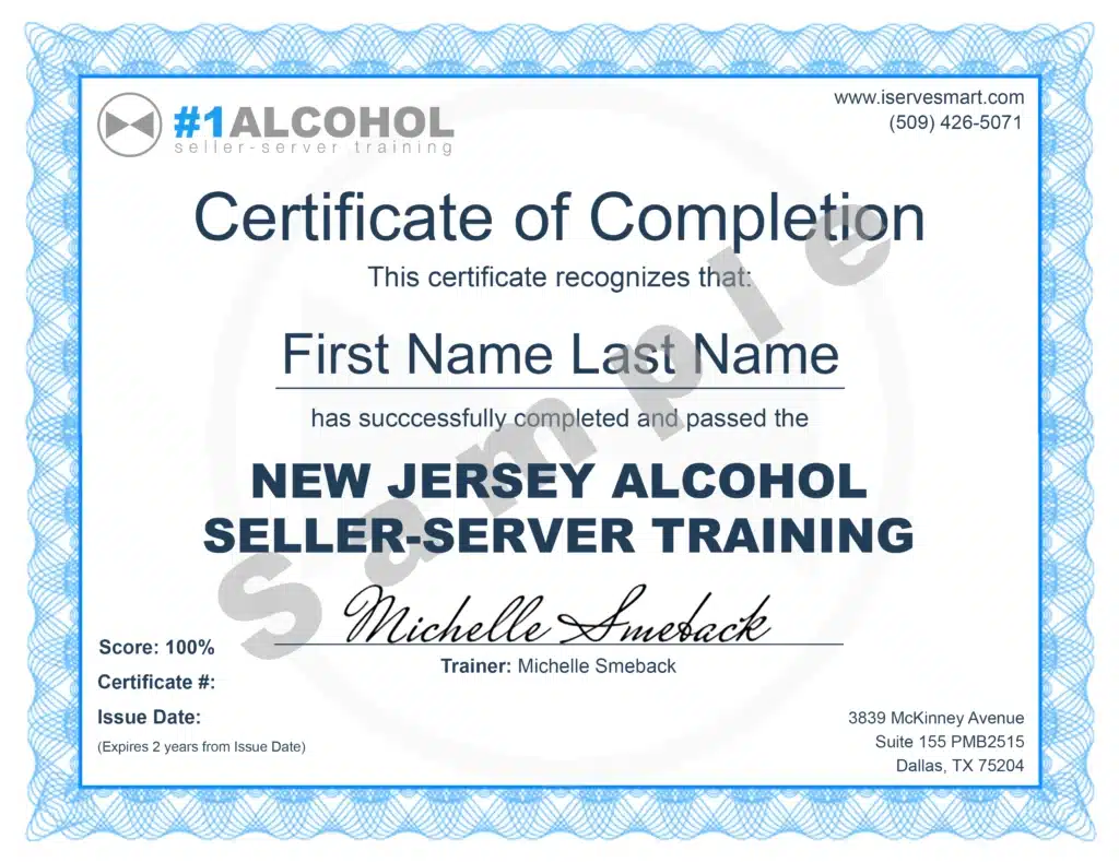 Sample New Jersey alcohol server training certificate from ServeSmart, showing what students receive after completing the course in the ‘How to Get a Bartending License in New Jersey’ guide.