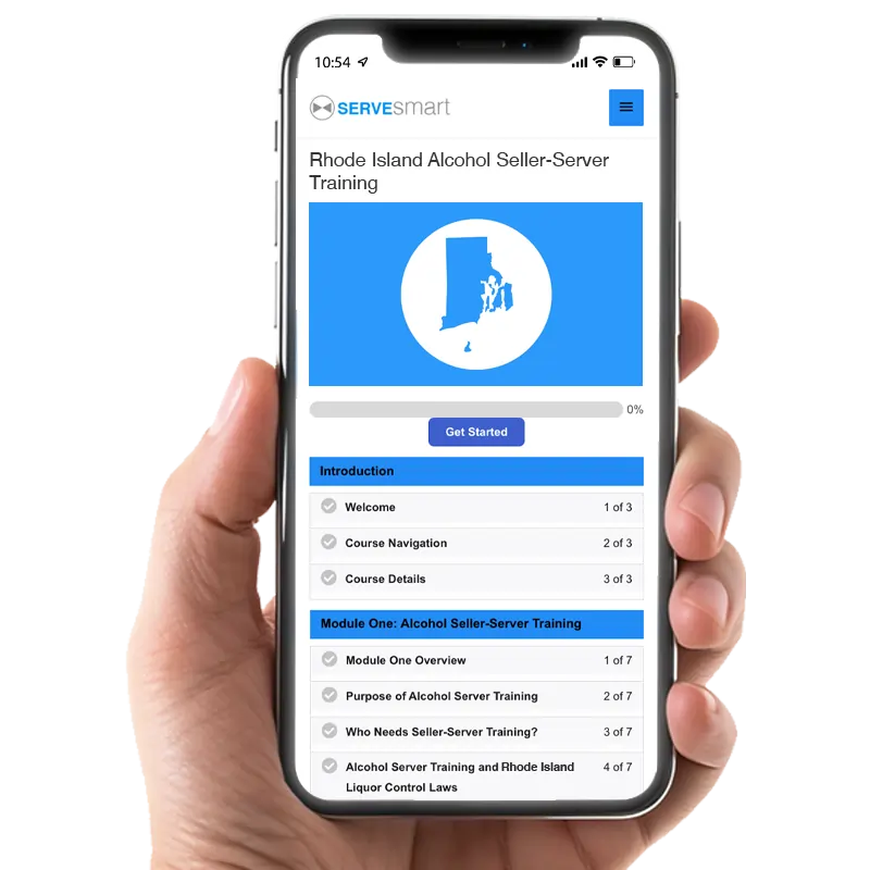 Rhode Island Alcohol Server Training course on mobile device showing ServeSmart online seller server modules.