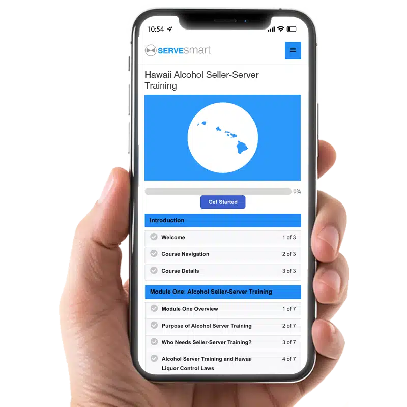 Mobile-friendly Hawaii bartending license training course showing alcohol seller-server training modules on a smartphone