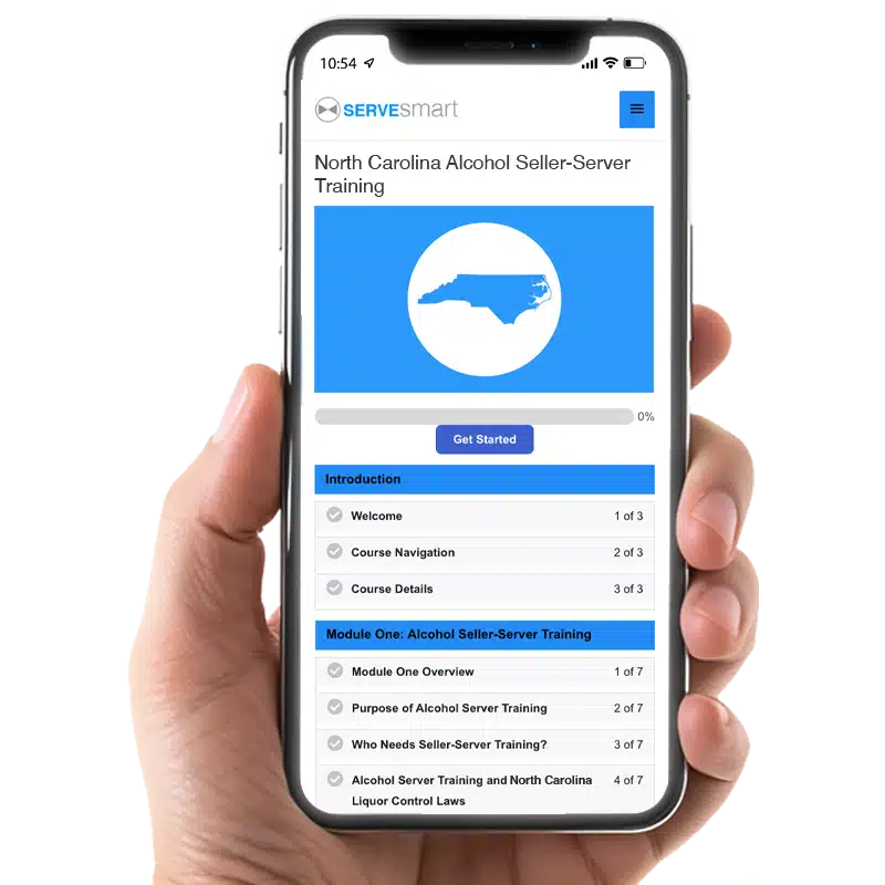 Mobile-friendly North Carolina Bartending License course showing alcohol seller-server training modules on a smartphone
