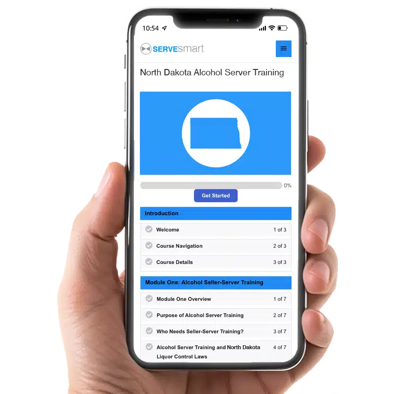 Mobile view of ServeSmart North Dakota Bartending License online training course interface with lesson modules and progress tracker