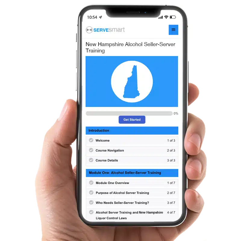 Mobile-friendly New Hampshire bartending license training course showing alcohol seller-server training modules on a smartphone