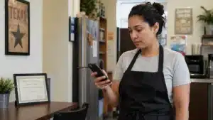 How long is a Texas Food Handlers license valid — Texas restaurant worker checking certificate expiration date on a tablet