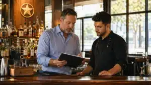 TABC safe harbor law, Texas bar manager reviewing alcohol service policies with certified staff