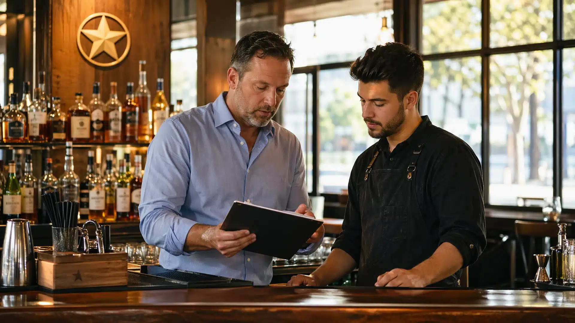 TABC safe harbor law, Texas bar manager reviewing alcohol service policies with certified staff