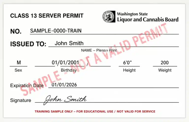 Sample Washington State Class 13 MAST server permit showing the standard fields including name, birthdate, expiration date, and signature line, marked as a sample