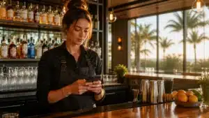 Young Florida bartender preparing for a shift behind a wooden bar, illustrating how to get your Florida bartending license.
