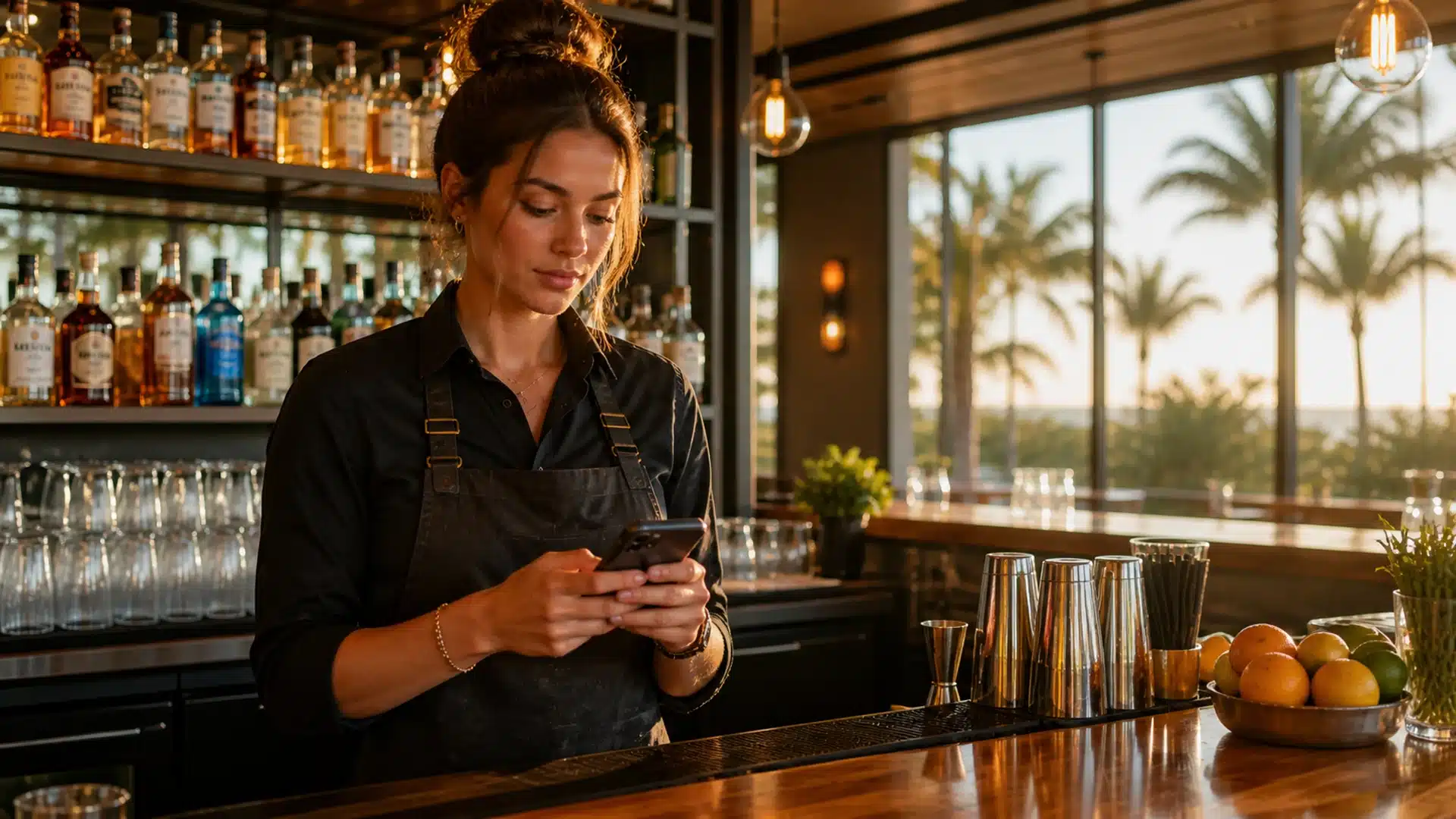 Young Florida bartender preparing for a shift behind a wooden bar, illustrating how to get your Florida bartending license.