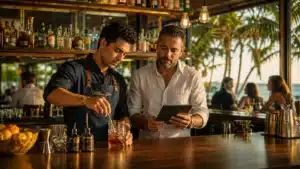 Florida bartender and manager behind a bar, illustrating the Florida employee vs manager alcohol course choice.