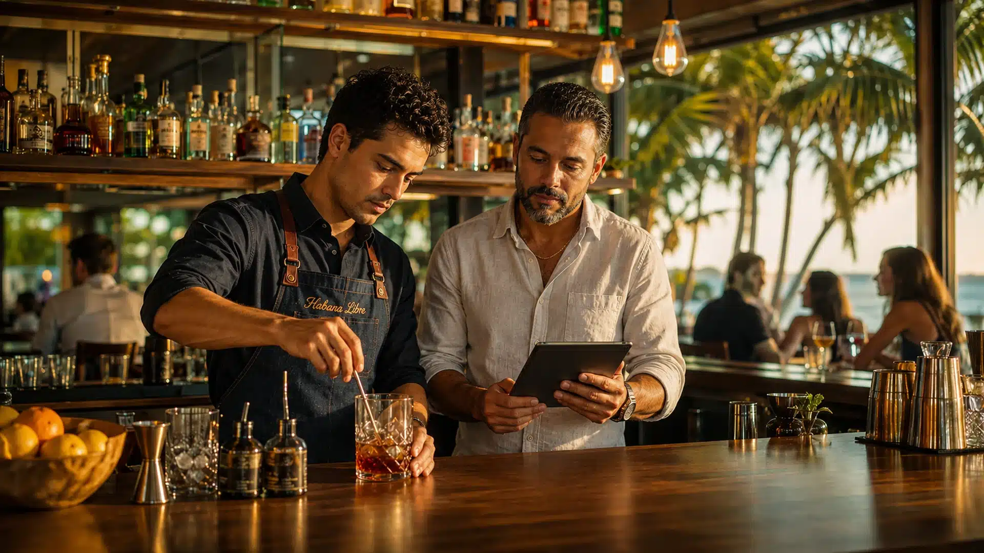 Florida bartender and manager behind a bar, illustrating the Florida employee vs manager alcohol course choice.