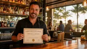 Florida bartender holding a renewed certificate behind a wooden bar, illustrating how to renew your Florida bartending license.