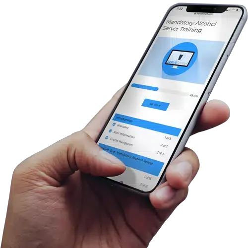 Person holding a smartphone showing ServeSmart’s Washington Mandatory Alcohol Server Training course with online progress tracking for MAST permit certification.
